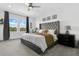 Serene main bedroom with plush carpeting, a tufted headboard, and tranquil views from the bright windows at 1856 Castleton Dr, St Cloud, FL 34771