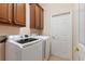 Efficient laundry room equipped with modern appliances, ample cabinet space, and convenient access to a nearby door at 214 Verona Dr, Kissimmee, FL 34759