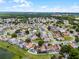 This aerial shot showcases a beautiful residential neighborhood with mature trees, a pond, and easy access to nearby amenities at 2561 Montego Bay Blvd, Kissimmee, FL 34746