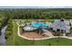 Aerial view featuring a resort-style pool, play area, and clubhouse nestled in a natural setting at 2838 Common Crane Ct, Harmony, FL 34773