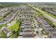 Aerial view of homes in a neighborhood, featuring manicured lawns, pools, trees, and solar panels at 331 Pendant Ct, Kissimmee, FL 34747