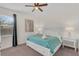 This bedroom features a turquoise bedspread, soft lighting, and a minimalistic design at 7541 Marker Ave, Kissimmee, FL 34747