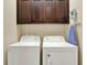Bright laundry room featuring a white washer and dryer with storage cabinets at 7613 Brookhurst Ln, Kissimmee, FL 34747