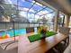 Inviting outdoor dining area with a view of the screened-in pool, perfect for enjoying outdoor meals at 7751 Tosteth St, Kissimmee, FL 34747