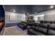 Spacious home theater room with tiered seating, black leather recliners and a large projection screen at 1005 Coyote Creek Way, Reunion, FL 34747
