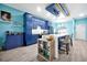 Bright kitchen features custom blue cabinetry, a central island with seating, and modern stainless steel appliances at 168 Club Villas Ln, Kissimmee, FL 34744