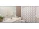 Bright bathroom with a white vanity, decorative mirror and a shower with an attractive patterned shower curtain at 4504 Monado Dr, Kissimmee, FL 34746