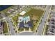 A high angle view shows a community pool, playground, and sports fields in a modern neighborhood at 11328 Listening Dr, Orlando, FL 32832