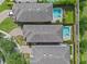 An aerial view shows backyard pools and landscaping of neighboring homes at 551 Lasso Dr, Kissimmee, FL 34747