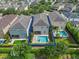 An aerial view of a house with a backyard pool, surrounded by a blue line at 551 Lasso Dr, Kissimmee, FL 34747