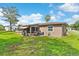 Exterior shot of the backyard featuring a patio, shaded area, lush grass, and palm tree at 1566 Providence Blvd, Deltona, FL 32725