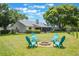 Landscaped backyard featuring a fire pit with seating and screened-in lanai for outdoor entertaining at 1631 Woodbay Ct, Kissimmee, FL 34744
