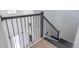 Elegant staircase with black iron railings and wood flooring, adding a touch of sophistication to the home's design at 15600 Vetta Dr, Bella Collina, FL 34756