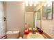 Bathroom vanity with a decorative mirror and a Mickey Mouse themed shower curtain at 1659 Sage Creek Ct, Orlando, FL 32824