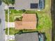 Aerial view of home with well-maintained lawn, a brown roof, and screened-in porch/pool on neighboring homes at 2054 Hammock Moss Dr, Orlando, FL 32820