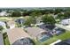 Aerial view of homes with screened-in pools, lush greenery, and scenic water views in a vibrant community at 2649 Hemingway Ave, Haines City, FL 33844