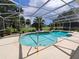 Sparkling private pool with a screened enclosure, surrounded by lush landscaping and sunny skies at 2735 Scarborough Dr, Kissimmee, FL 34744