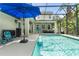 Pool featuring a screened enclosure, blue umbrella, and an outdoor seating area perfect for entertaining at 3310 Cat Brier Trl, Harmony, FL 34773