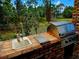 Outdoor kitchen featuring a built-in grill, brick counter, and scenic backyard view at 600 Lake Butler Ave, Osteen, FL 32764