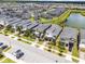 An aerial view of the townhome community with a pond and beautiful landscaping at 661 Drop Shot Dr, Davenport, FL 33896
