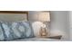 Bedroom shows bedding with accent pillows and a marble top bedside table with glass lamp at 909 Troon Cir, Davenport, FL 33897