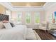 Beautiful main bedroom features a tray ceiling, hardwood floors and plenty of natural light at 10067 Mere Pkwy, Orlando, FL 32832