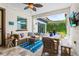 Covered patio features comfortable seating, dining, and view of the backyard at 10067 Mere Pkwy, Orlando, FL 32832
