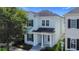 Charming two-story home with light blue siding, dark shutters, and a welcoming front porch with classic white columns at 1513 Resolute St, Celebration, FL 34747