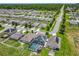 Aerial view of a neighborhood with solar panels on roofs and screened pools at 209 Willow Bend Dr, Davenport, FL 33897