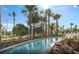 Scenic lazy river surrounded by lush landscaping, tall palm trees, and colorful flowers at 2161 Lelani Cir, Davenport, FL 33897