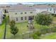 Aerial view of a home's backyard with mature landscaping and a fenced in yard featuring a play set at 3853 Cortland Dr, Davenport, FL 33837