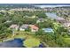 Scenic aerial shot of a lakefront community, showcasing a home with tennis court and direct lake access at 4224 Clarice Estates Dr, Windermere, FL 34786