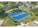 Aerial view of the community's two tennis courts, complete with nets and surrounded by a green fence and palm trees at 2343 St George Dr, Davenport, FL 33837
