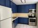 Well-lit kitchen boasts white appliances, blue cabinetry, and stainless steel oven and microwave at 4085 Dijon Dr # 4085J, Orlando, FL 32808