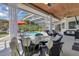 A screened-in pool area features an outdoor dining set and seating area with lush landscaping around the perimeter at 2402 Raven Croft Ct, Orlando, FL 32837