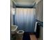 Bathroom with blue-painted walls, a sink, toilet, towels, and a shower with a patterned curtain at 2830 W Oak St, Kissimmee, FL 34741
