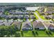 Aerial view of a residential community featuring well-maintained lawns and a lake nearby at 418 Treviso Dr, Kissimmee, FL 34759