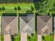 Overhead shot of rooftops and manicured lawns in a lakeside residential neighborhood at 418 Treviso Dr, Kissimmee, FL 34759