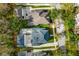 An aerial view showcases the rooftops and landscaping of several homes in a residential neighborhood at 933 Jasmine St, Celebration, FL 34747