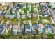 An aerial shot of a neighborhood with mature trees, pools, and a variety of home styles at 933 Jasmine St, Celebration, FL 34747