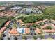 Panoramic aerial view of a residential community featuring mature trees, a pool, and scenic ponds at 1129 Park Ridge Cir, Kissimmee, FL 34746