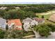 Aerial view of upscale homes amidst mature trees, and views of the nearby golf course at 1225 Radiant St, Reunion, FL 34747