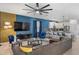 Beautiful living room with blue accent wall and a view of the kitchen and dining area at 9126 Sommerset Hills Dr, Davenport, FL 33896