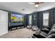 Home theater room with cinema seating, projection screen, dark walls, and recessed lighting at 9126 Sommerset Hills Dr, Davenport, FL 33896