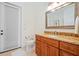 Well-lit bathroom features a granite countertop vanity, warm cabinets, and a decorative mirror at 9905 Lanai View Ct, Windermere, FL 34786