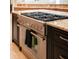 Close-up of a kitchen island featuring a stainless steel gas range and granite countertops, showcasing luxury cooking at 9905 Lanai View Ct, Windermere, FL 34786