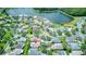 Aerial view of a residential community with a community pool and scenic water feature at 142 Largo Dr, Poinciana, FL 34759