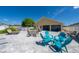 Spacious backyard patio with an outdoor dining set and set of blue outdoor chairs at 5100 Violet Ln, Kissimmee, FL 34758