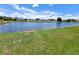 Scenic backyard pond view with lush green lawn and blue skies at 2357 Great Harbor Dr, Kissimmee, FL 34746