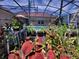 In-ground pool with an enclosure surrounded by landscaping including colorful flowers and leafy plants at 2357 Great Harbor Dr, Kissimmee, FL 34746